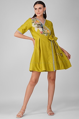 Lime Chanderi Embroidered Wrap Dress by Devyani Mehrotra