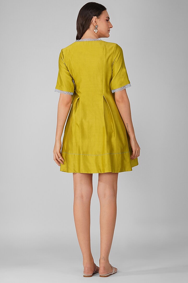 Lime Chanderi Embroidered Wrap Vacation Dress by Devyani Mehrotra at Pernia's Pop Up Shop