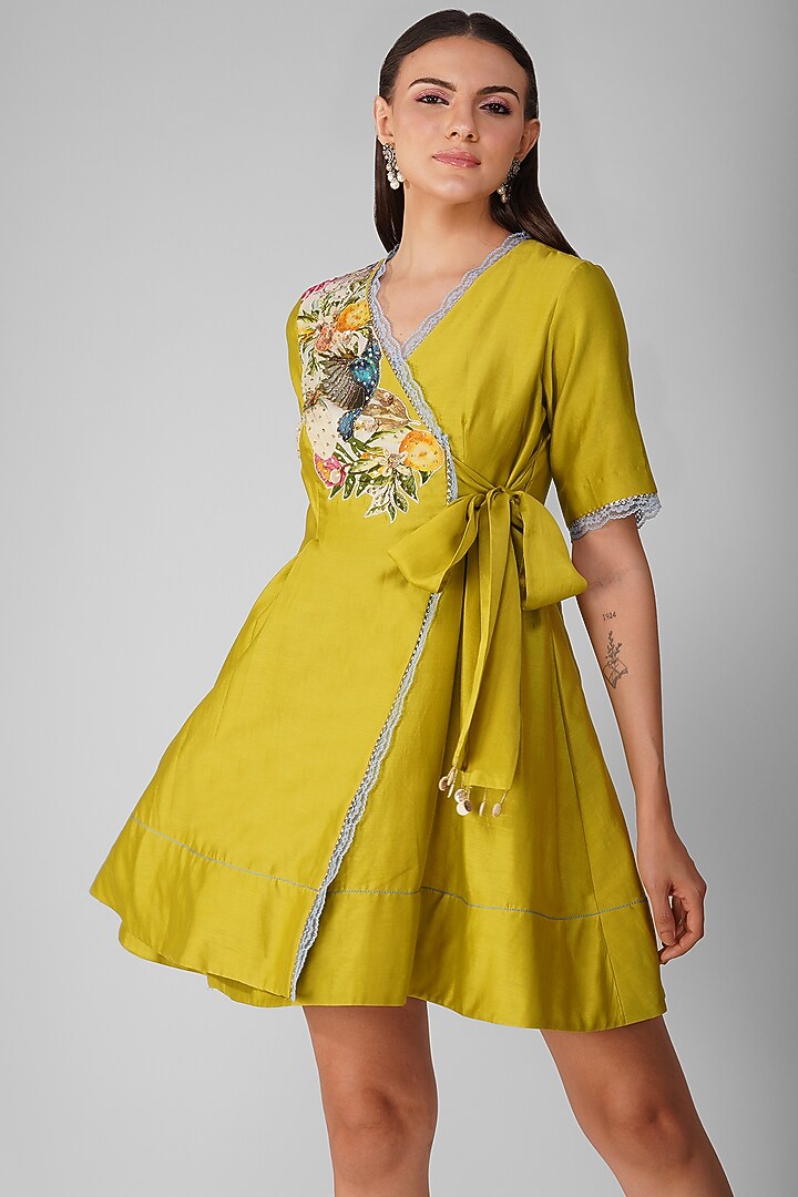 Lime Chanderi Embroidered Wrap Vacation Dress by Devyani Mehrotra at Pernia's Pop Up Shop