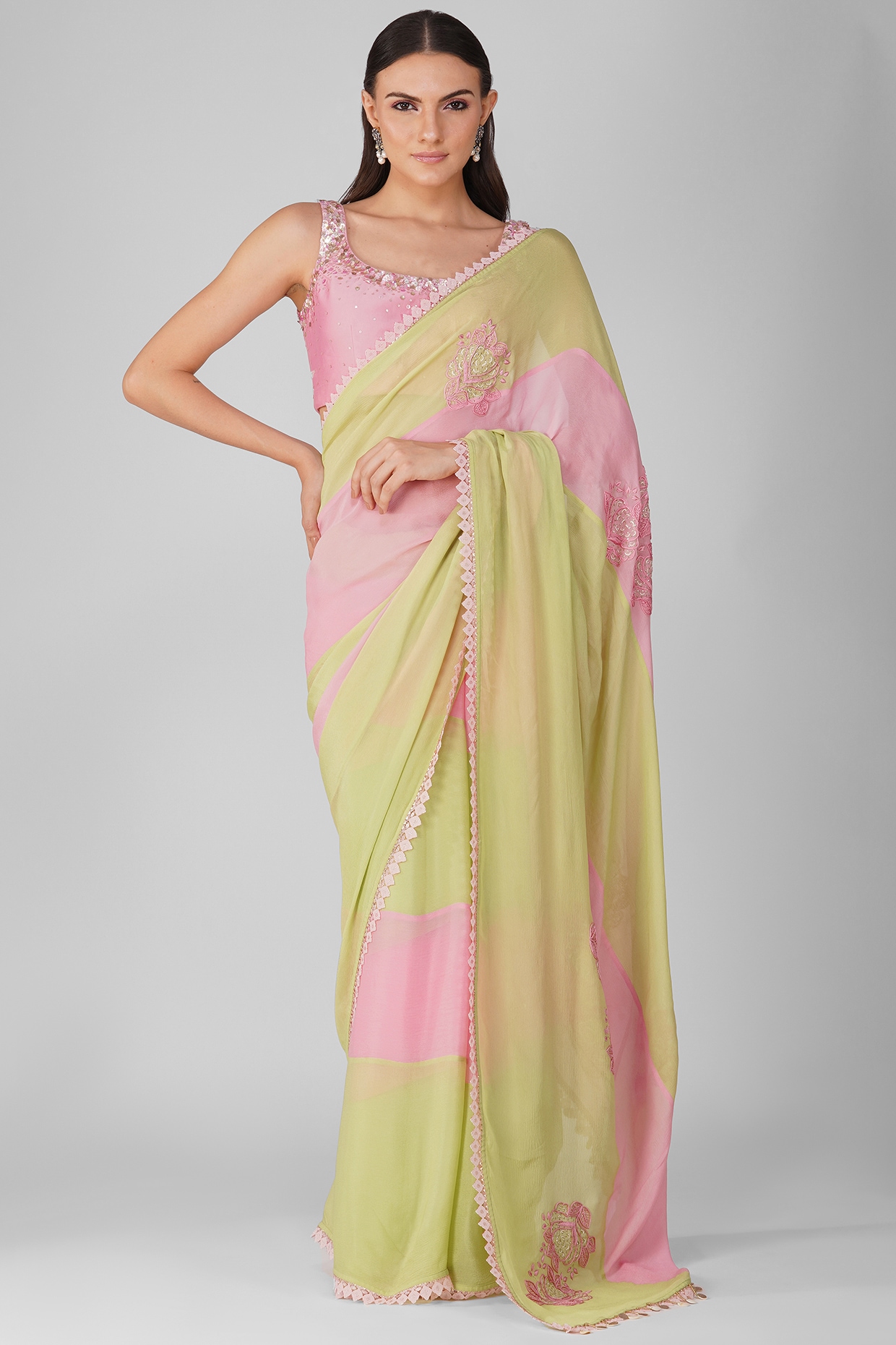 Pink Chiffon Saree In Printed Stripes 4753SR02