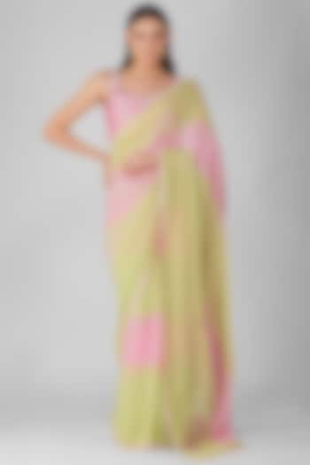 Mint Green & Blush Pink Chiffon Saree Set by Devyani Mehrotra at Pernia's Pop Up Shop