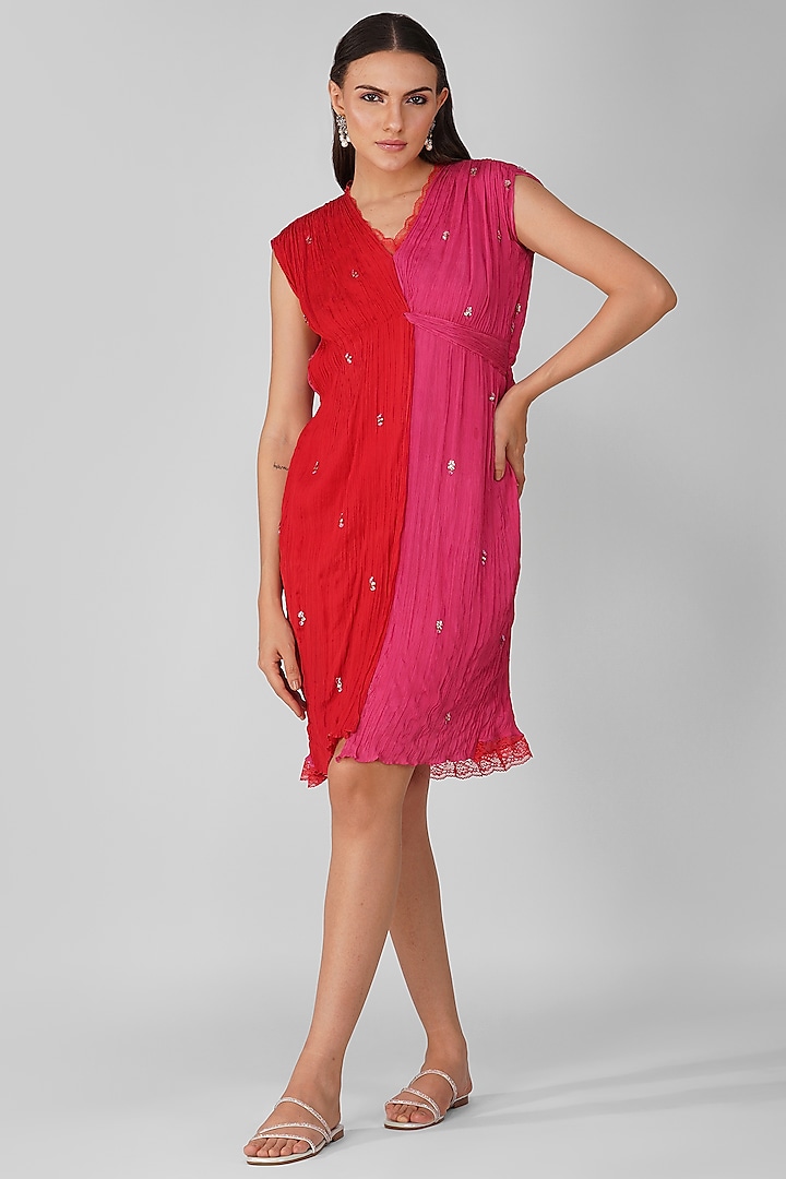 Red & Fuchsia Chanderi Knotted Dress by Devyani Mehrotra