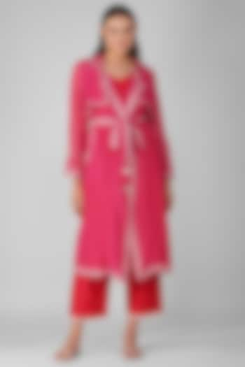 Fuchsia Chanderi Embroidered Trench Jacket Set by Devyani Mehrotra at Pernia's Pop Up Shop