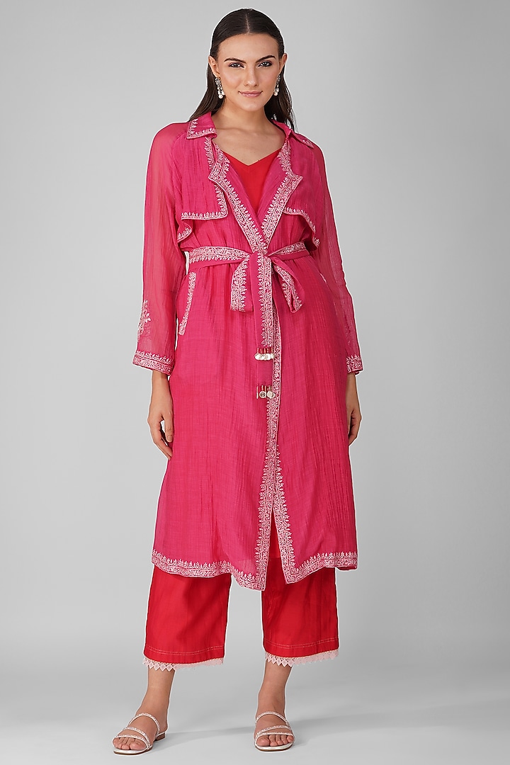 Fuchsia Chanderi Embroidered Trench Jacket Set by Devyani Mehrotra at Pernia's Pop Up Shop