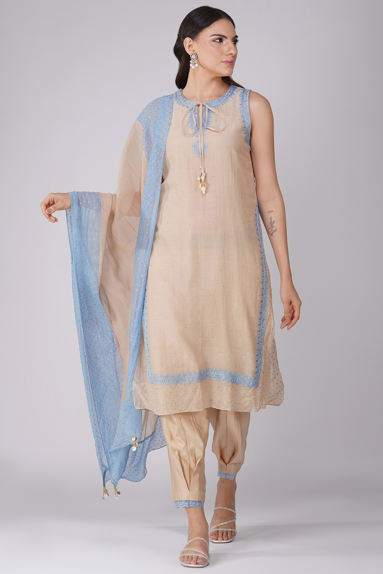 Beige Chanderi Embroidered Kurta Set by Devyani Mehrotra