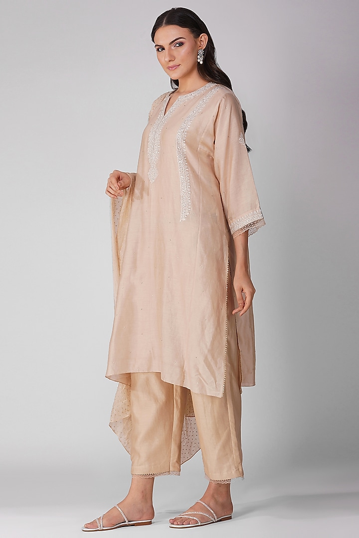 Beige Chanderi Embroidered Kurta Set by Devyani Mehrotra