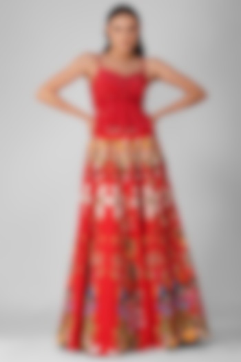 Red Chanderi Printed & Embellished Wedding Lehenga Set by Devyani Mehrotra at Pernia's Pop Up Shop