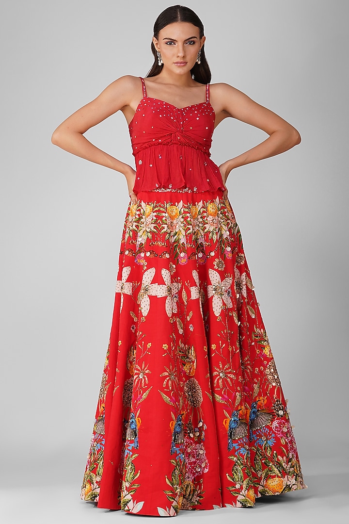 Red Chanderi Printed & Embellished Wedding Lehenga Set by Devyani Mehrotra at Pernia's Pop Up Shop