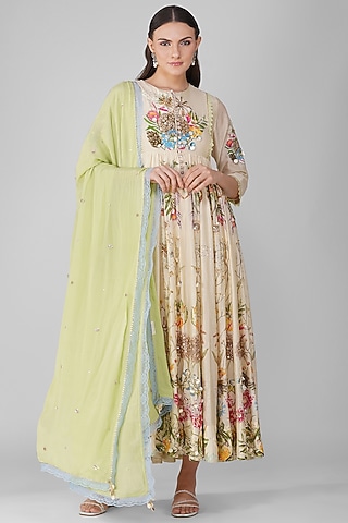 Beige Muslin & Chiffon Printed Anarkali Set by Devyani Mehrotra