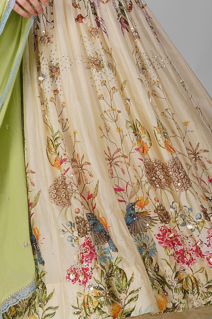 Beige Muslin & Chiffon Printed Bridal Anarkali Set by Devyani Mehrotra at Pernia's Pop Up Shop