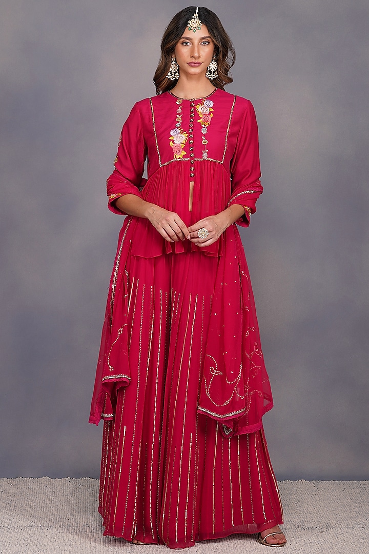 Fuchsia Sequins Embroidered Sharara Set by Devyani Mehrotra