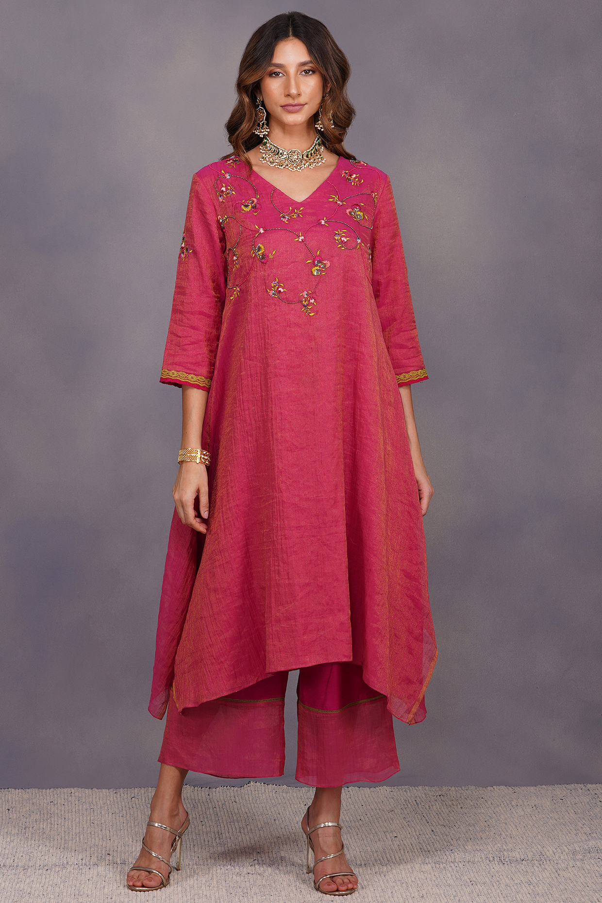 Fuchsia Embroidered Asymmetrical Tunic Set by Devyani Mehrotra at Pernia's Pop Up Shop