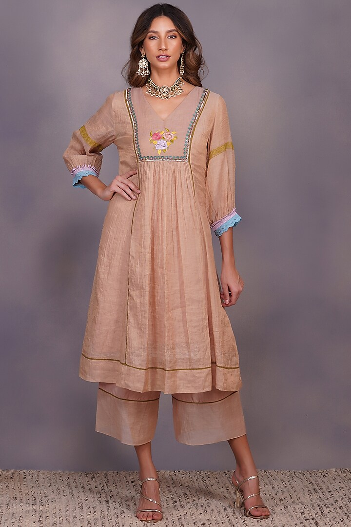 Nude Sequins Embroidered Tunic Set by Devyani Mehrotra
