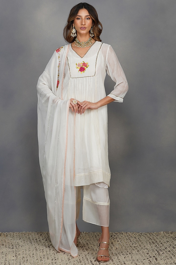 Ivory Sequins Embroidered Tunic Set by Devyani Mehrotra