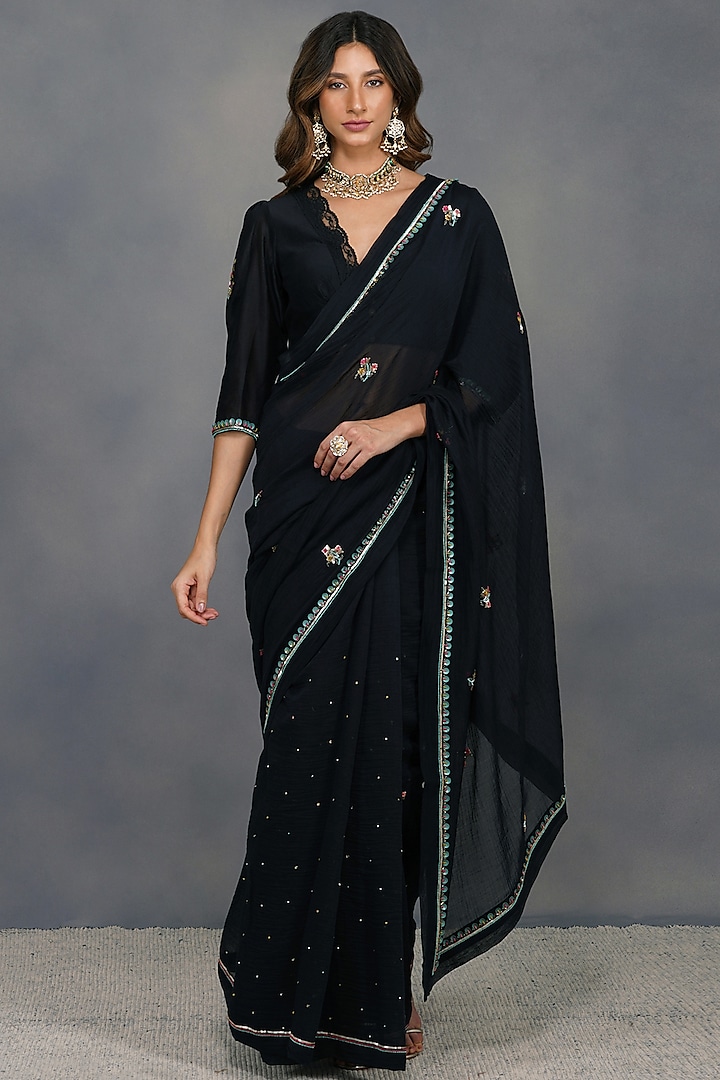 Black Sequins Embroidered Saree Set by Devyani Mehrotra