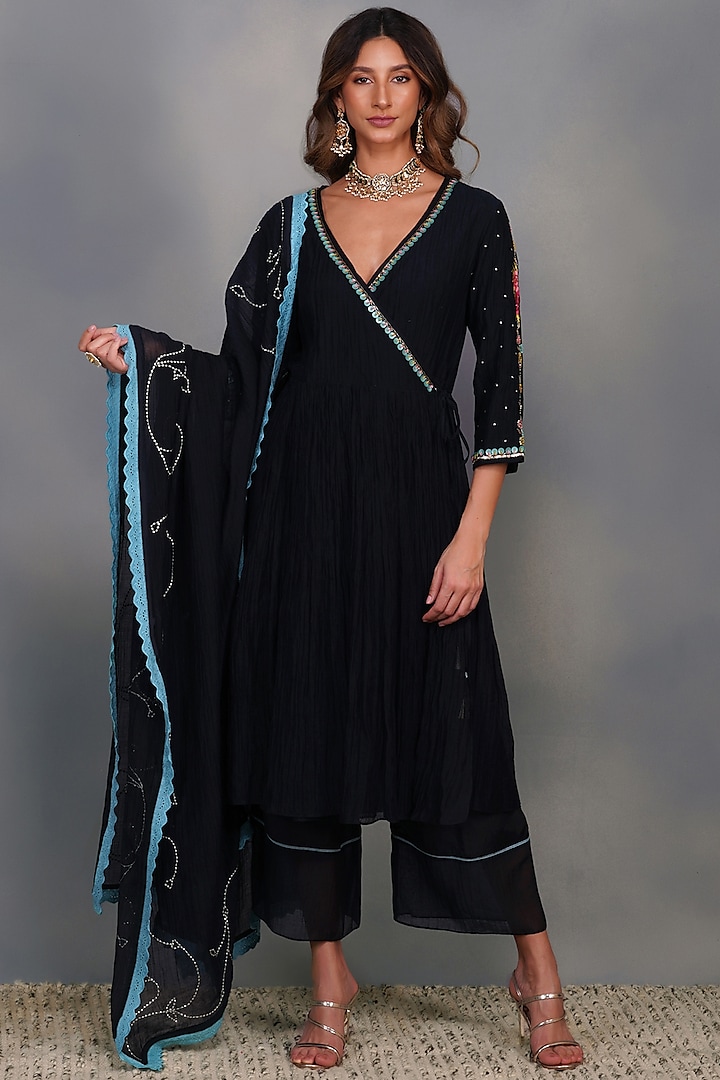 Black Sequins Embroidered Angrakha Kurta Set by Devyani Mehrotra