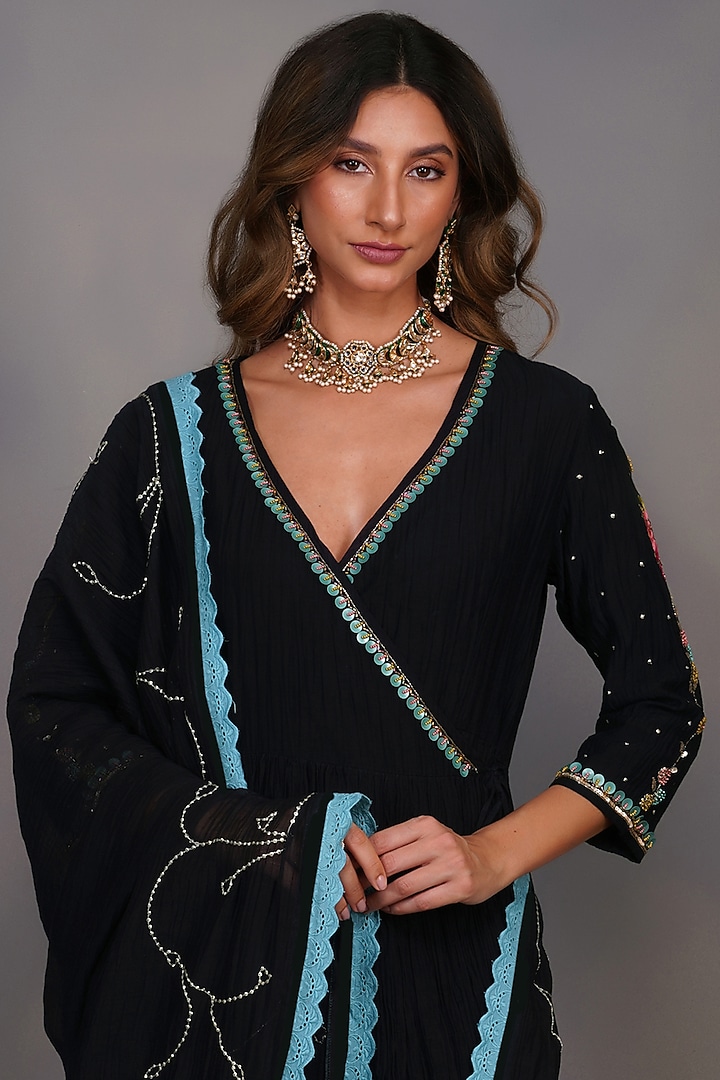 Black Sequins Embroidered Angrakha Kurta Set by Devyani Mehrotra at Pernia's Pop Up Shop