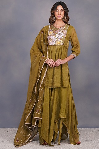 Mehendi Green Chanderi Asymmetrical Gharara Set by Devyani Mehrotra