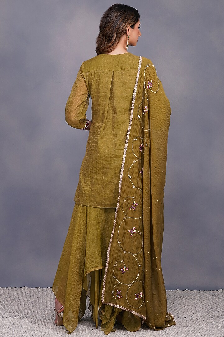 Mehendi Green Chanderi Asymmetrical Gharara Set by Devyani Mehrotra at Pernia's Pop Up Shop