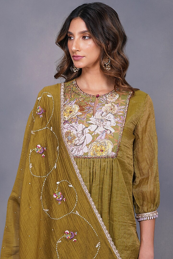 Mehendi Green Chanderi Asymmetrical Gharara Set by Devyani Mehrotra at Pernia's Pop Up Shop