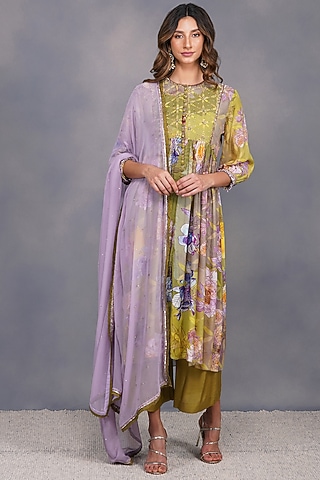 Mehendi Green Sequins Embroidered Anarkali Set by Devyani Mehrotra