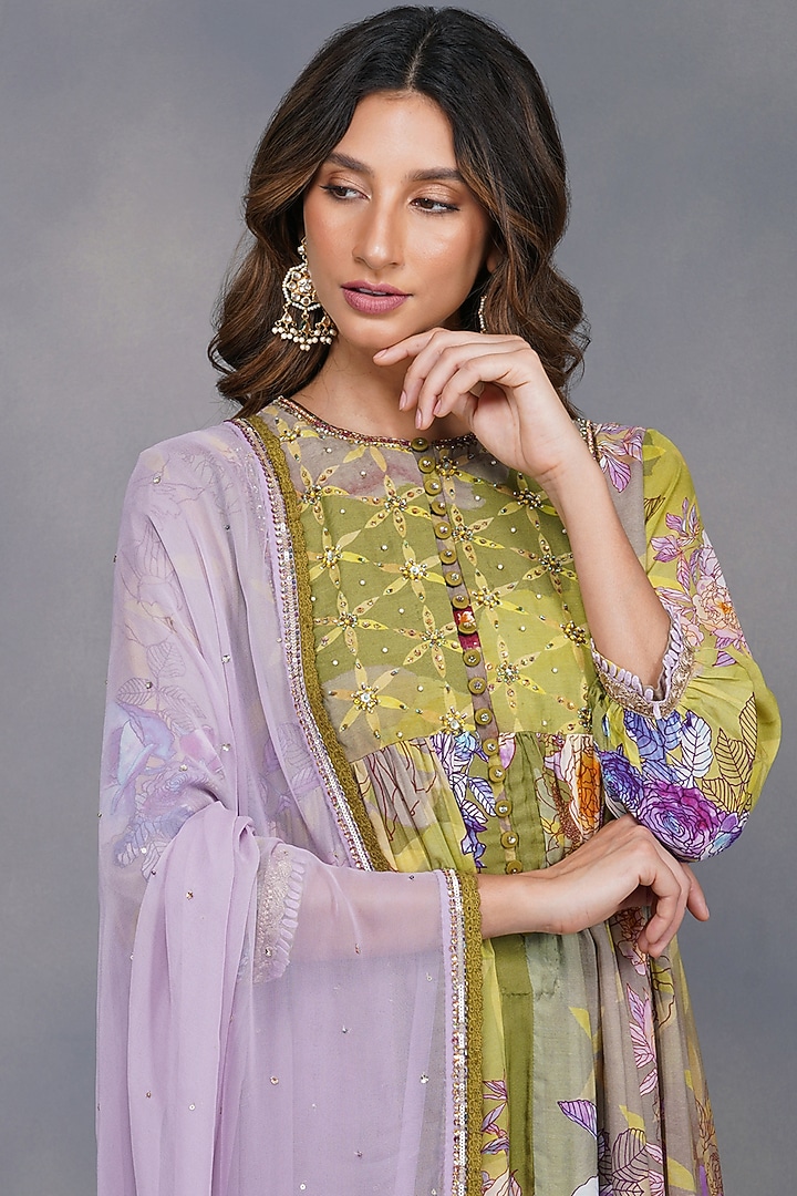 Mehendi Green Sequins Embroidered Party Wear Anarkali Set by Devyani Mehrotra at Pernia's Pop Up Shop