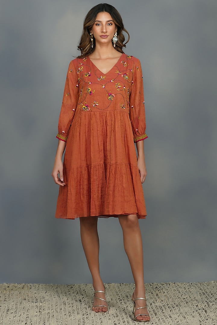 Orange Embroidered Tiered Dress by Devyani Mehrotra
