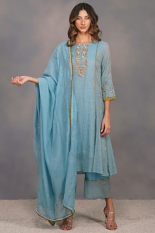 Turquoise Sequins Embroidered Kurta Set by Devyani Mehrotra