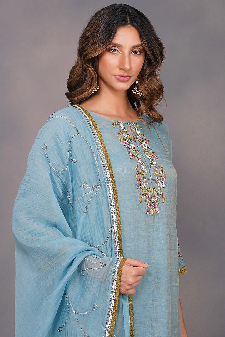 Turquoise Sequins Embroidered Kurta Set by Devyani Mehrotra at Pernia's Pop Up Shop