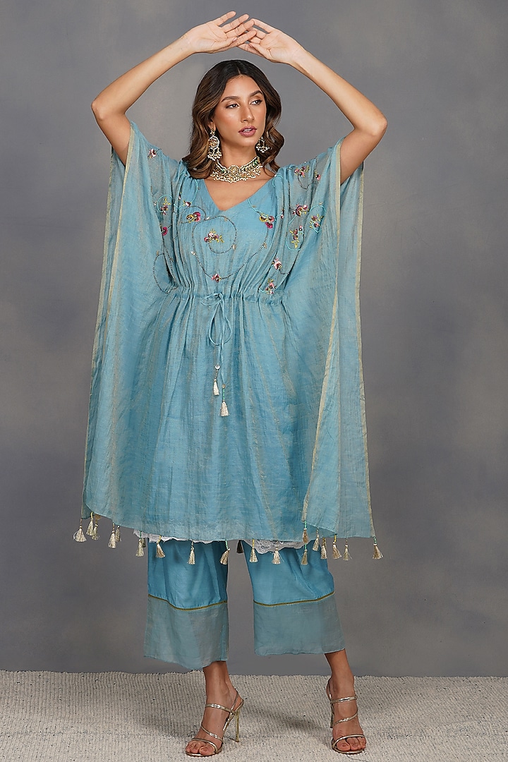 Turquoise Embroidered Kaftan Tunic Set by Devyani Mehrotra