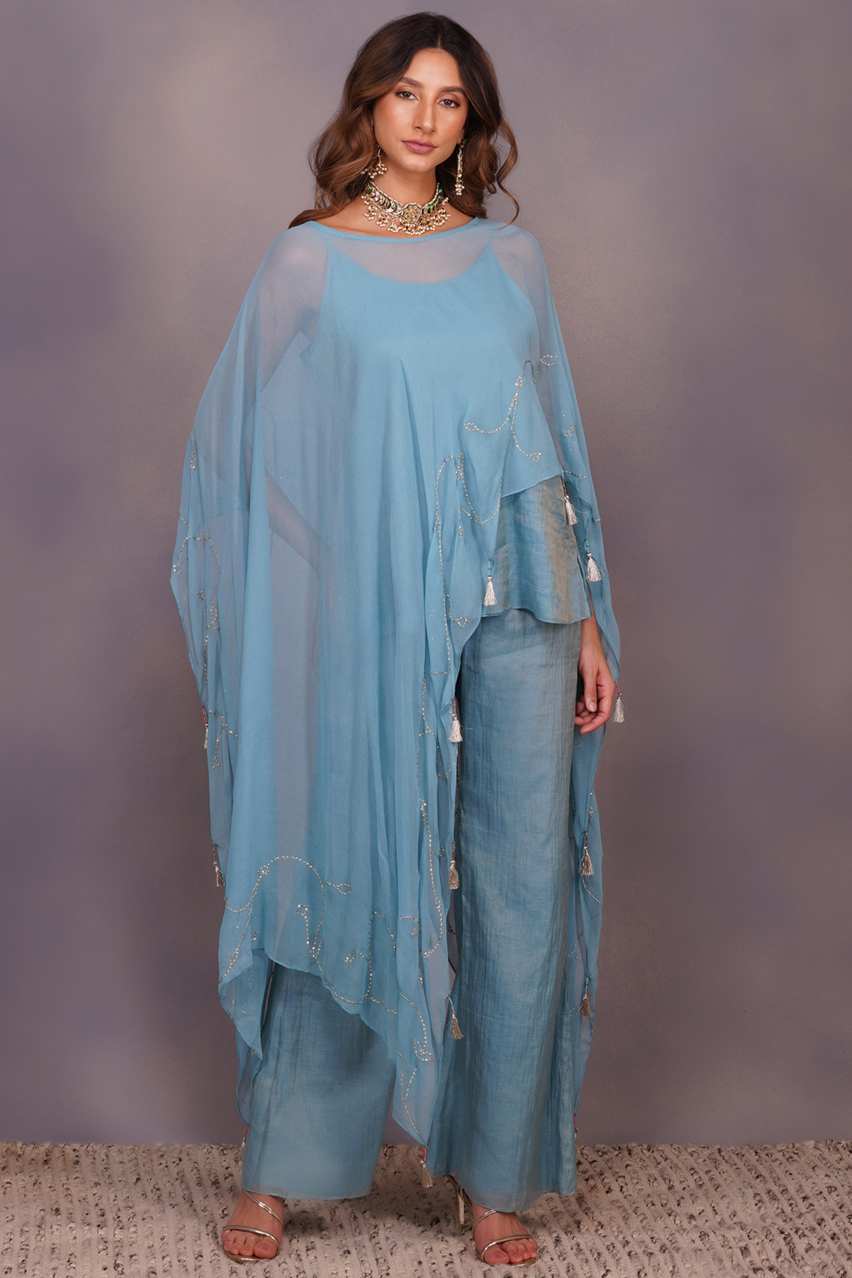 Turquoise Sequins Embroidered Cape Set by Devyani Mehrotra at Pernia's Pop Up Shop