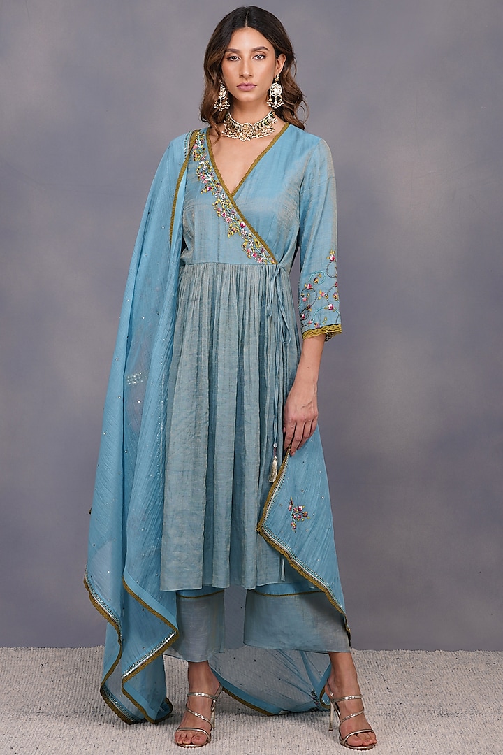 Turquoise Embroidered Angrakha Kurta Set by Devyani Mehrotra