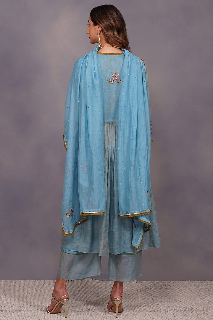Turquoise Embroidered Angrakha Kurta Set by Devyani Mehrotra at Pernia's Pop Up Shop