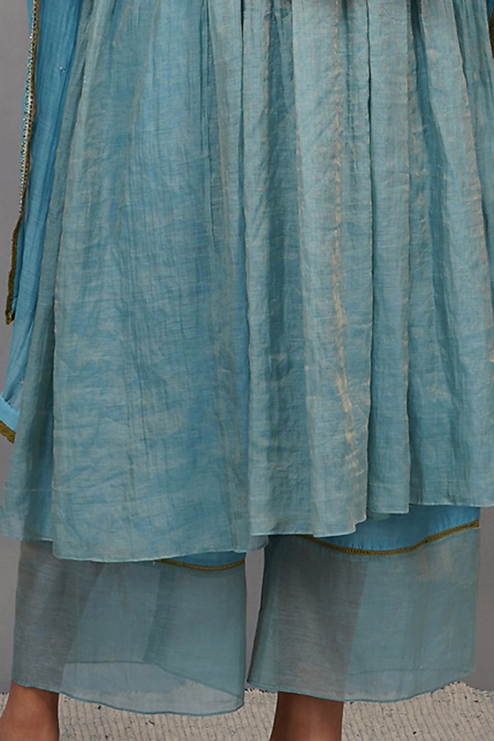 Turquoise Embroidered Angrakha Kurta Set by Devyani Mehrotra at Pernia's Pop Up Shop