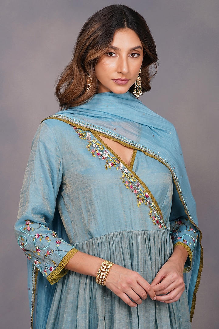 Turquoise Embroidered Angrakha Kurta Set by Devyani Mehrotra at Pernia's Pop Up Shop