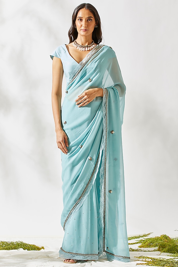 Sky Blue Embroidered Saree Set by Devyani Mehrotra