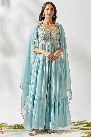 Sky Blue Embroidered Anarkali Set by Devyani Mehrotra