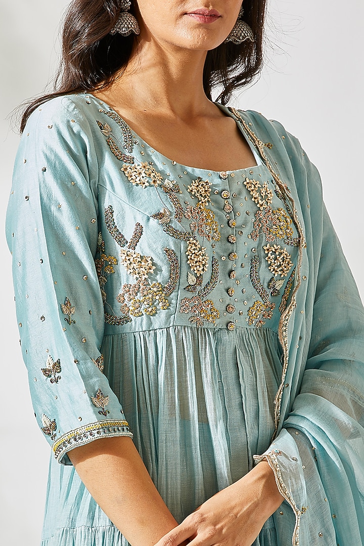 Sky Blue Embroidered Wedding Anarkali Set by Devyani Mehrotra at Pernia's Pop Up Shop