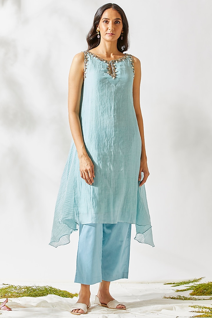 Sky Blue Crepe Sequins Embroidered Asymmetrical Tunic Set by Devyani Mehrotra
