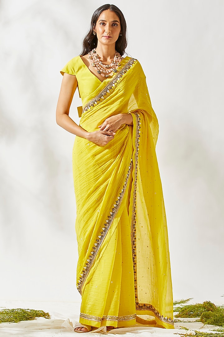 Yellow Embroidered Saree Set by Devyani Mehrotra