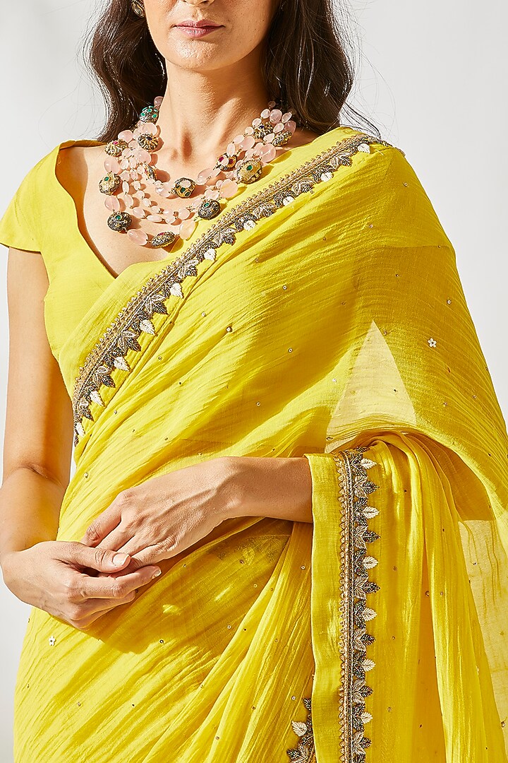Yellow Embroidered Wedding Saree Set by Devyani Mehrotra at Pernia's Pop Up Shop