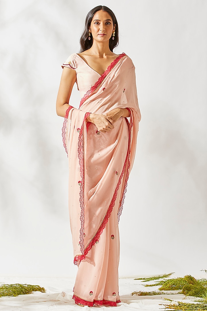 Blush Pink Embroidered Saree Set by Devyani Mehrotra