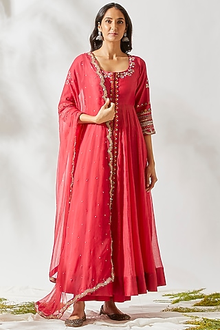 Red Embroidered Anarkali Set by Devyani Mehrotra