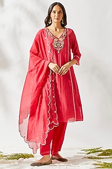 Red Sequins Embroidered Kurta Set by Devyani Mehrotra-SHOP BY STYLE