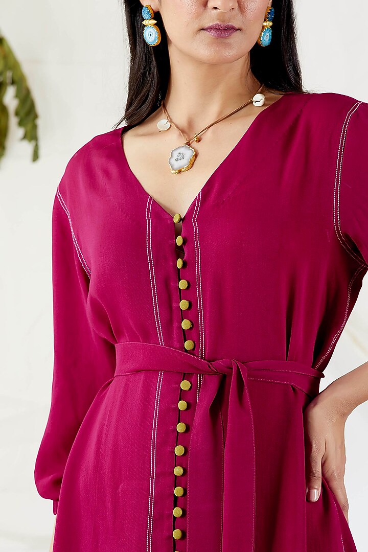 Fuchsia Belted Shirt Dress For Girls by Devyani Mehrotra - Kids at Pernia's Pop Up Shop