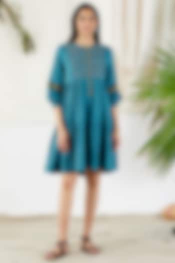 Cobalt Blue Dress With Cutwork For Girls by Devyani Mehrotra - Kids