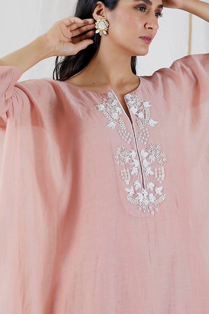 Blush Pink Embroidered Kaftan Set For Girls by Devyani Mehrotra - Kids at Pernia's Pop Up Shop