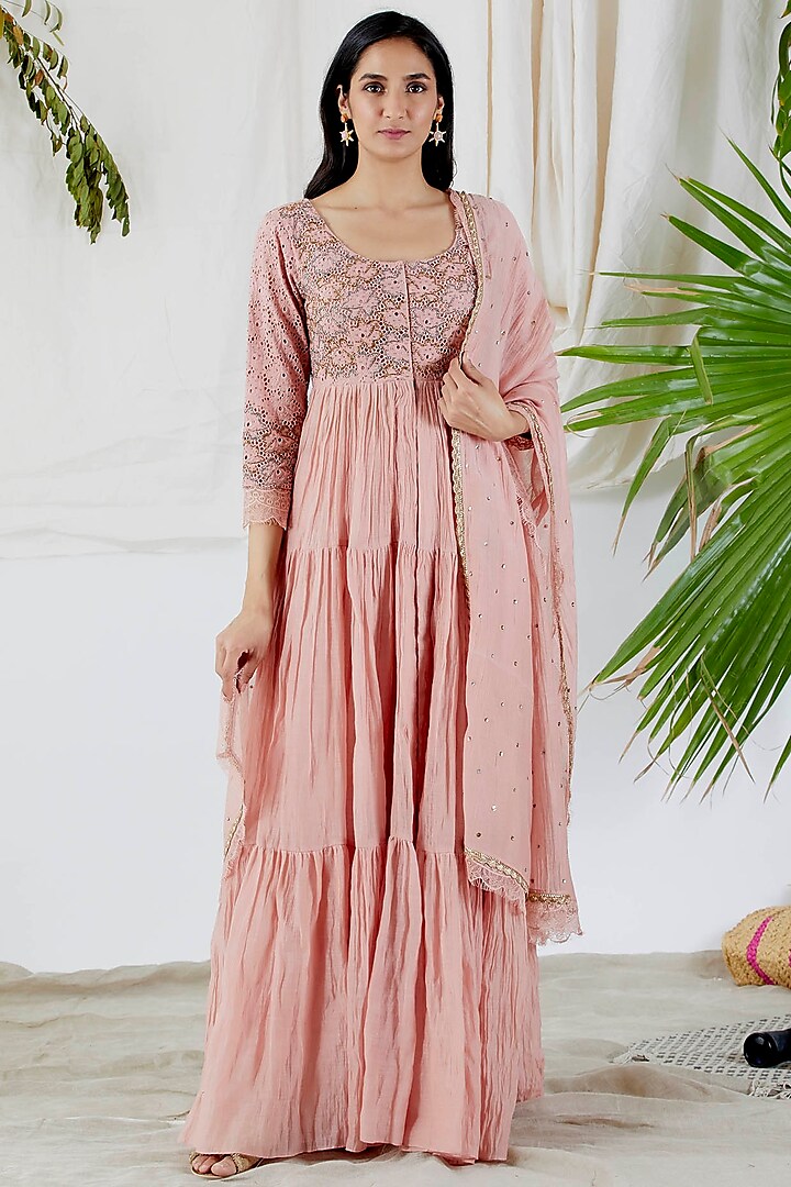 Blush Pink Embroidered Anarkali Set For Girls by Devyani Mehrotra - Kids