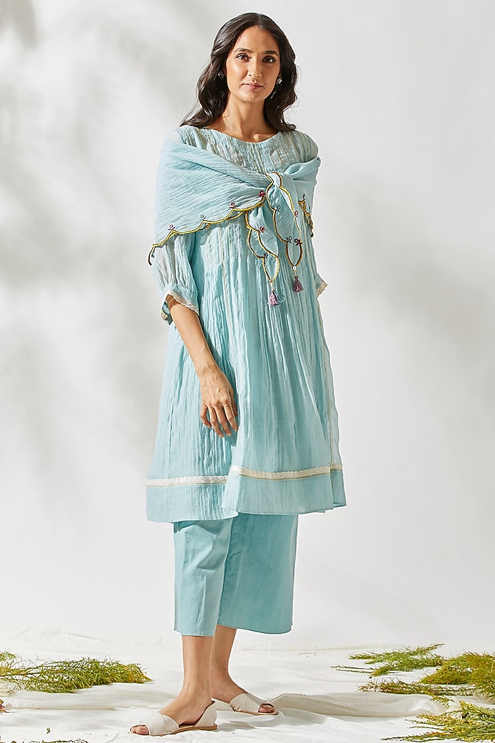 Sky Blue Embroidered Tunic Set For Girls by Devyani Mehrotra - Kids