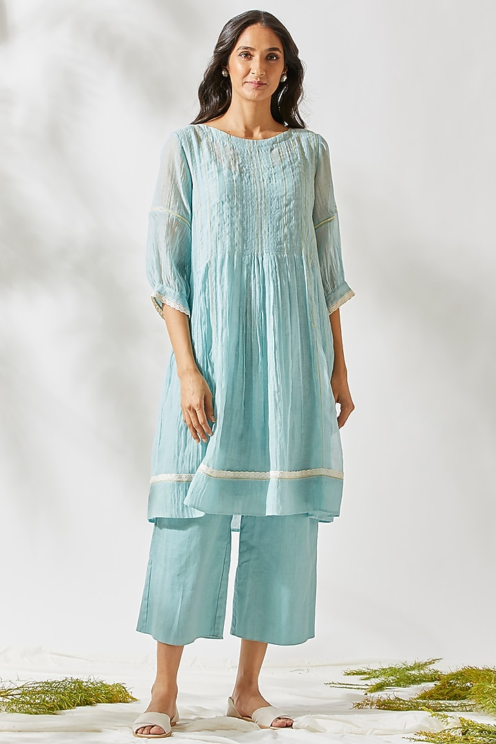 Sky Blue Embroidered Tunic Set For Girls by Devyani Mehrotra - Kids at Pernia's Pop Up Shop